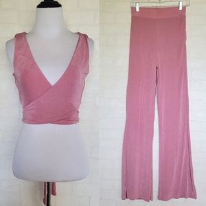 Meshki 2 Piece Set Pink Wrap Top & Pink Flare Pants